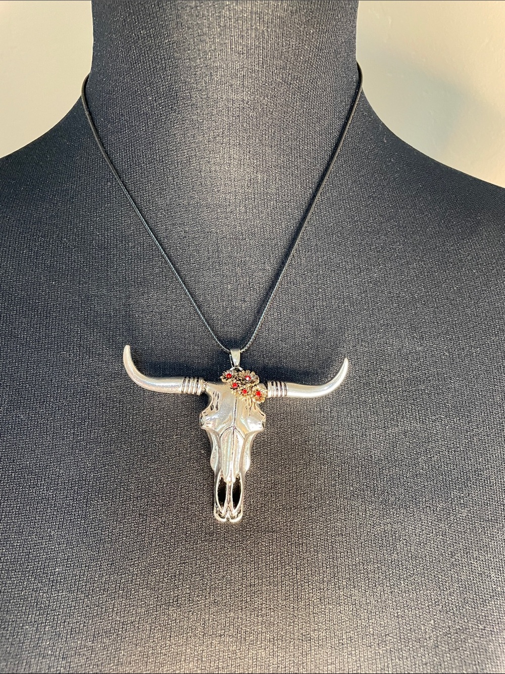 Silver Bull Skull Pendant Necklace with Red Floral Accents